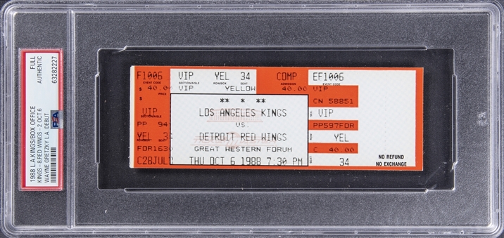 1988 Los Angeles Kings/Detroit Red Wings Box Office Full Ticket From Gretzkys LA Debut - PSA Authentic